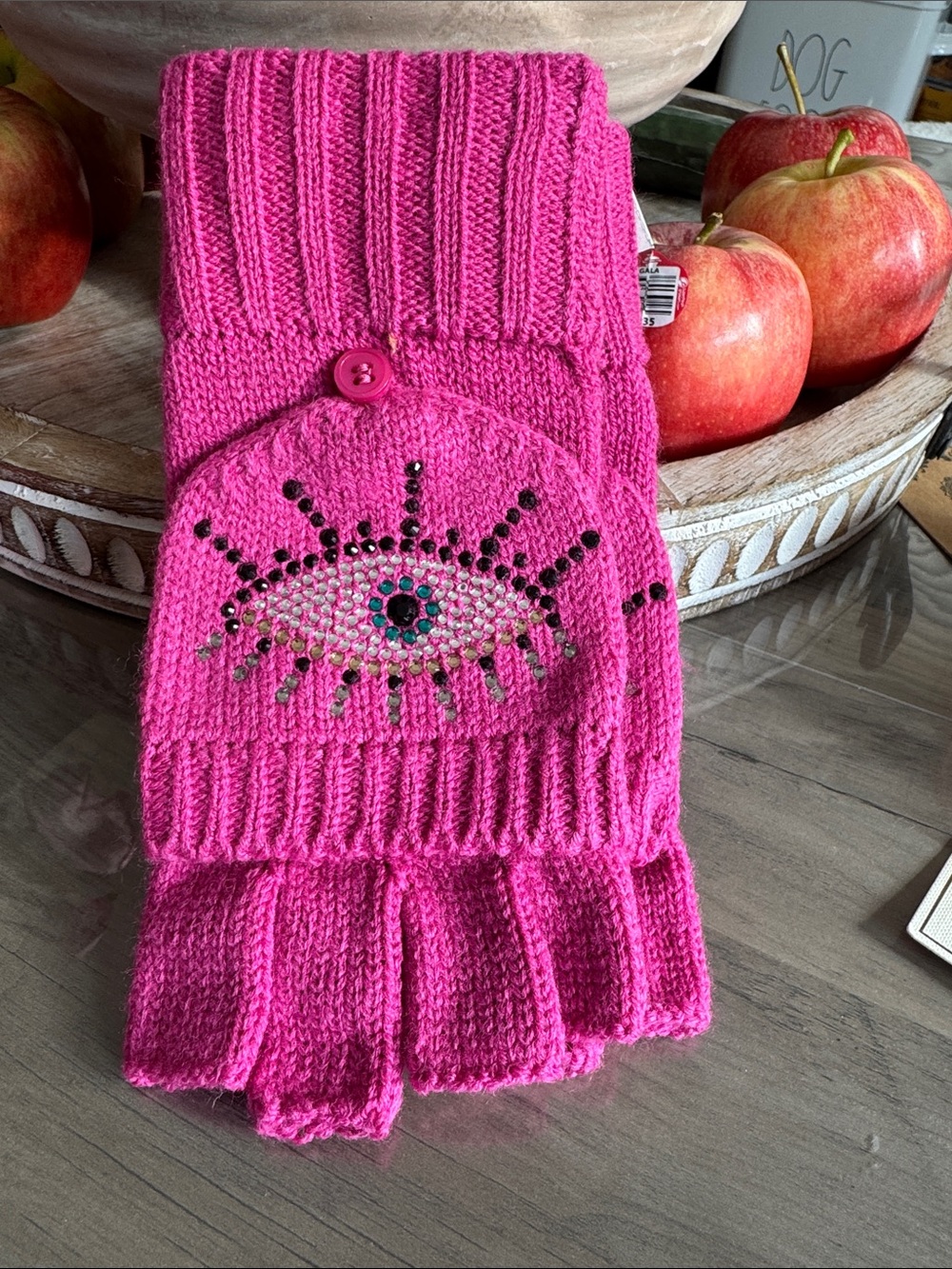 Kurt Geiger - Bright Pink Knit Fingerless Gloves with Eye Rhinestone Detail